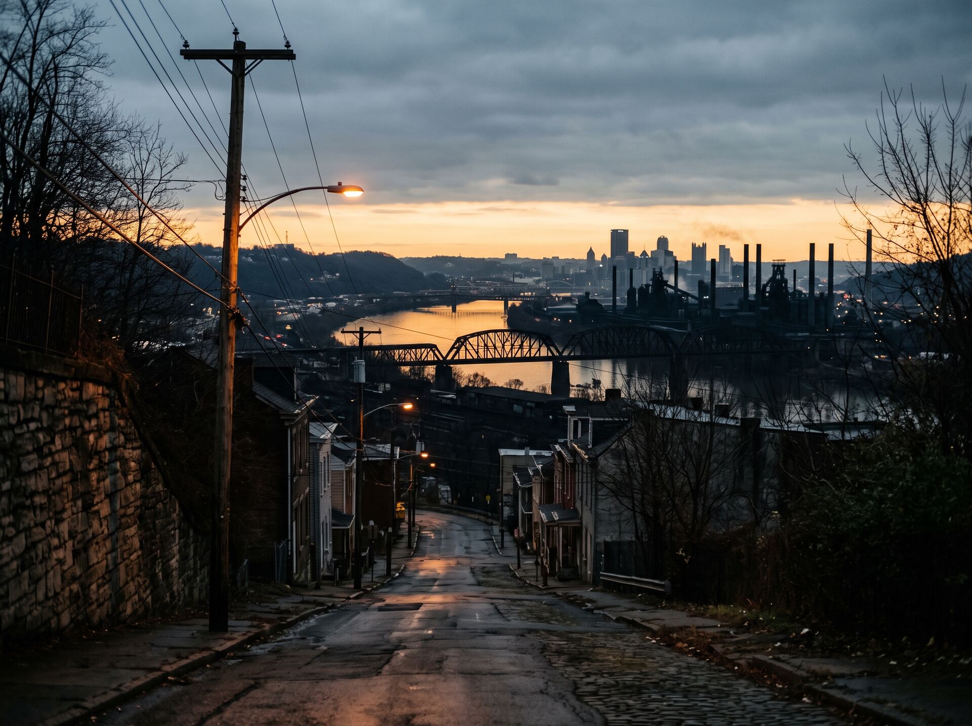 Dusk over the Pittsburgh river valley seen from a steep hillside neighborhood street, with a steel truss bridge and mill stacks silhouetted against the last of the light