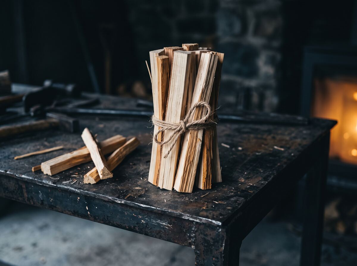 A bundle of dry split hardwood kindling tied with plain jute twine on a steel workbench