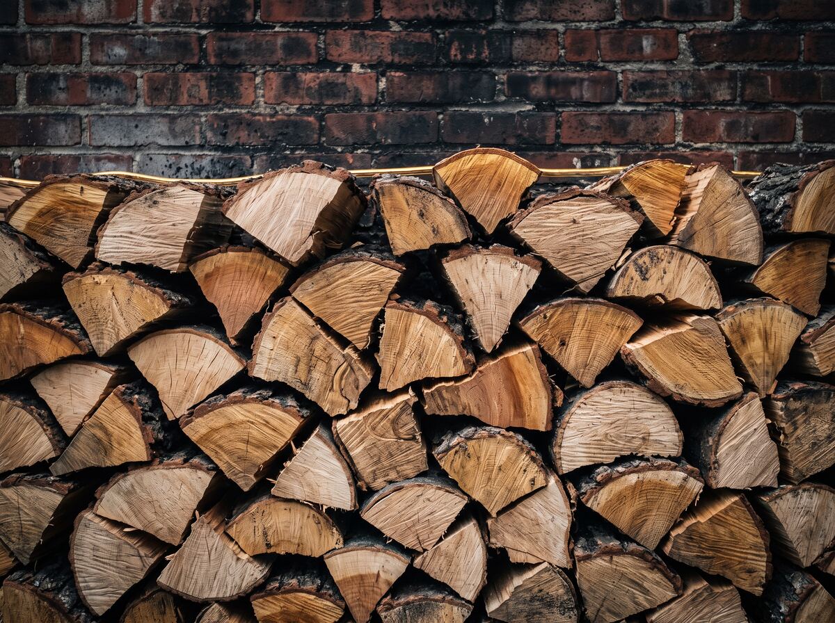 A stacked face cord of mixed hardwood firewood seen end-on against a soot-darkened brick wall