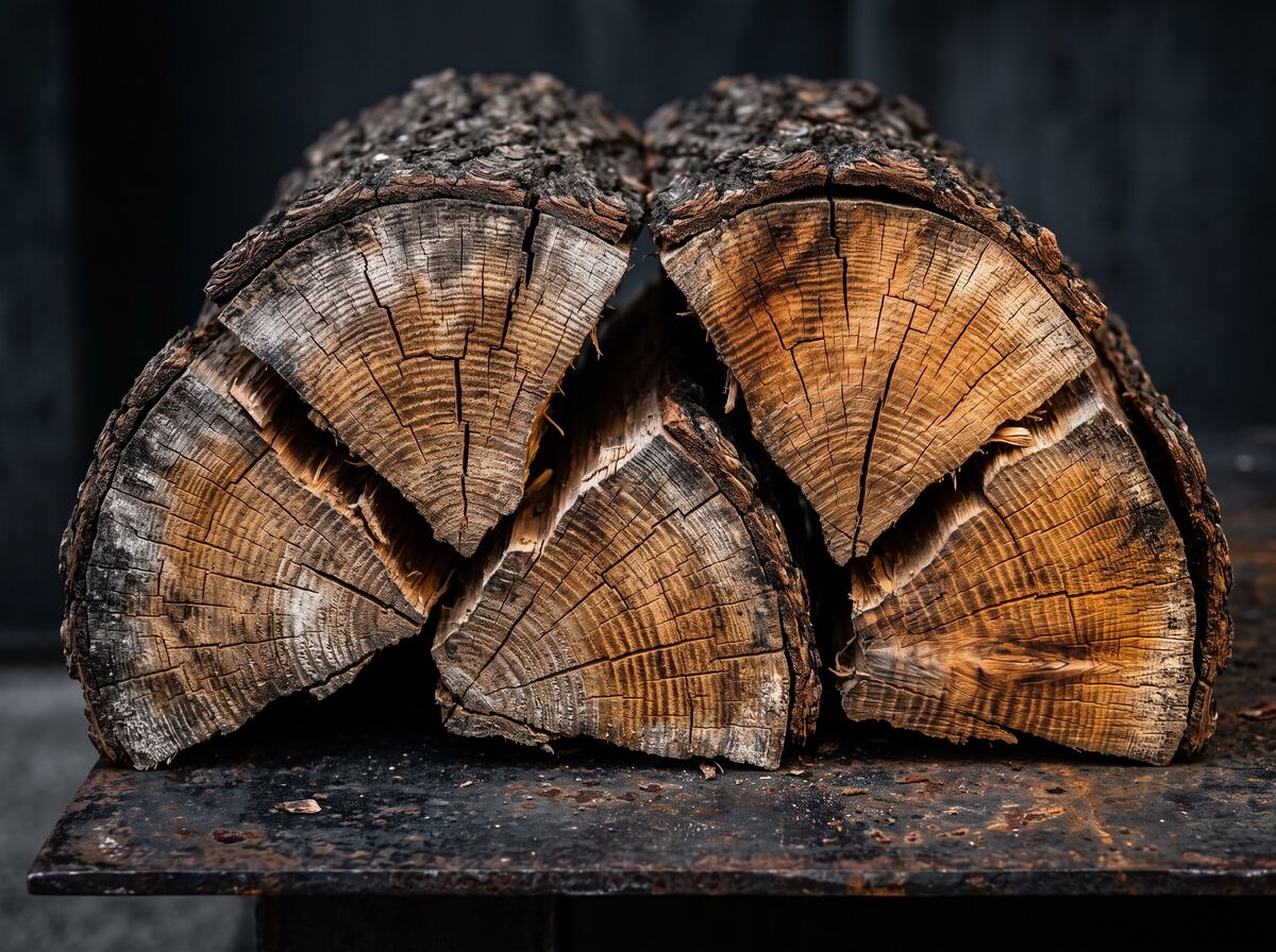 Split seasoned oak logs on a steel plate, showing deep growth rings and dry season cracks in the end grain