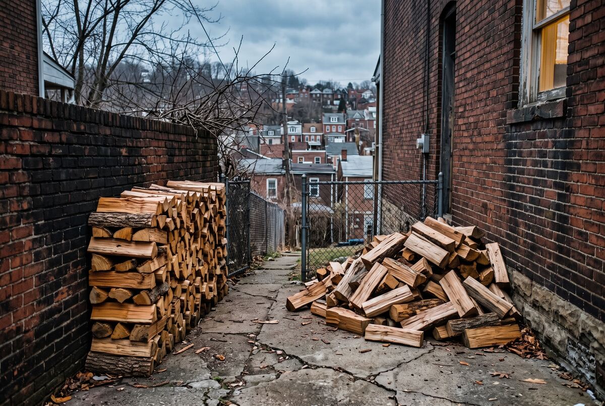 A delivery of split hardwood stacked in a rick against the brick wall of a Pittsburgh hillside backyard, with a loose pile still to be stacked